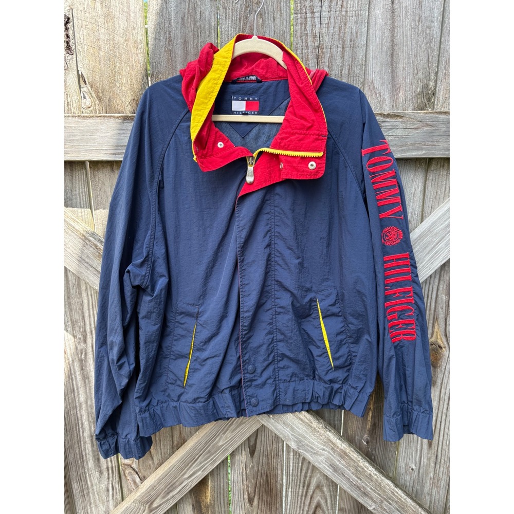 Vintage Tommy Hilfiger Windbreaker Jacket Navy Red Yellow Embroidered Sleeve L